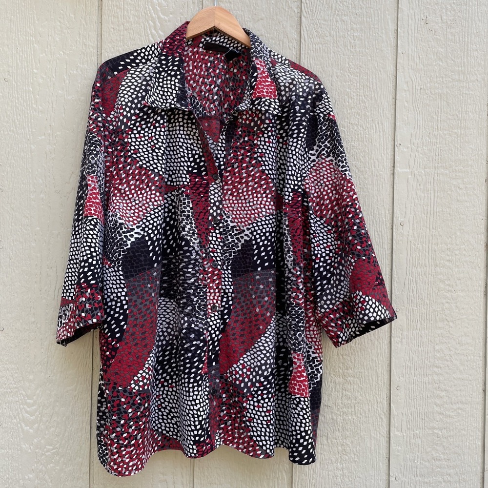 MAGGIE BARNES Top Plus Size 4X Red Gray Floral Slits Button Up 3/4 Sleeve Boho